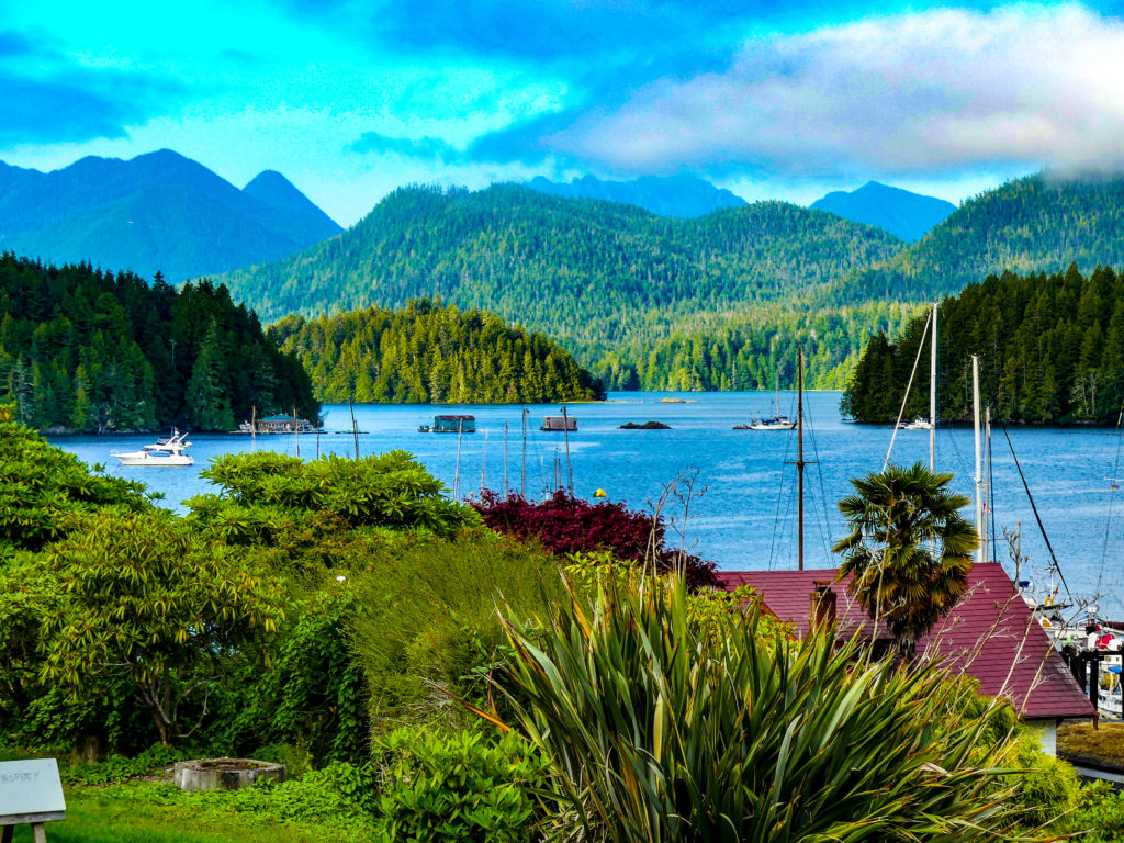 Tofino waterfront, mountains outcrops in the ocean, Vancouver island.
