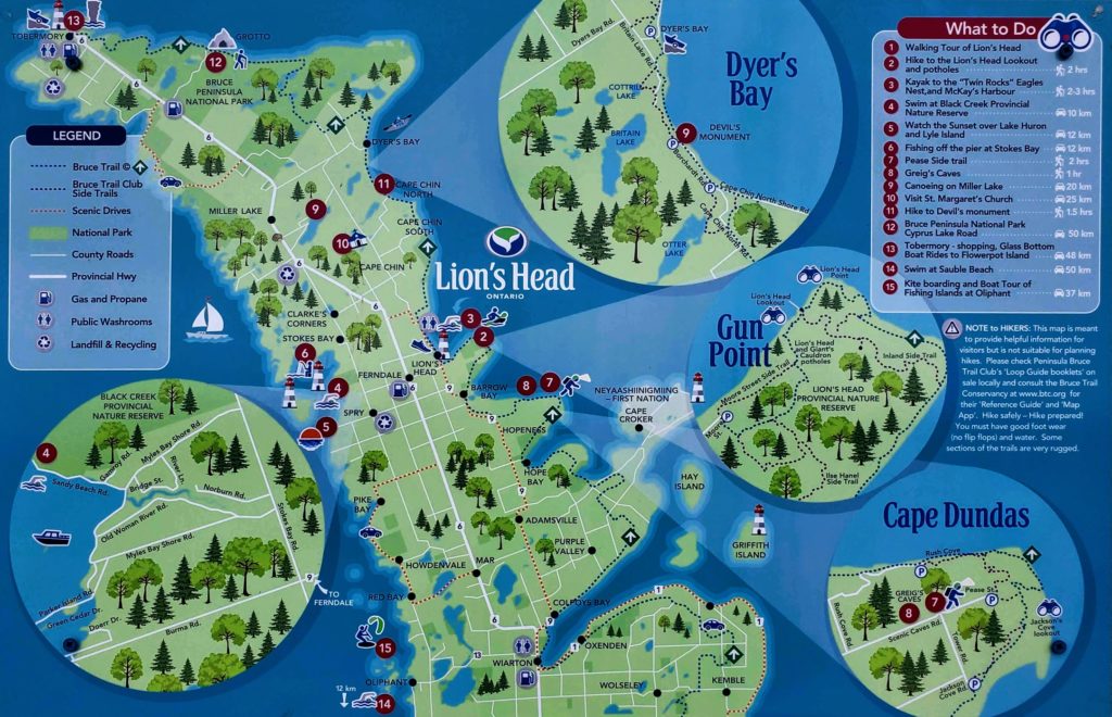 
Map of Bruce Peninsula, Ontario compliments by www.visitlionshead.ca